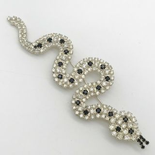 Vintage Silver Tone Long Snake Clear & Black Faux Gem Set Pin Brooch
