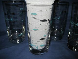 6 Vintage 50 ' s 60 ' s Mid Century Atomic Blue and Black Fish Drinking Glasses 3