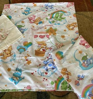 Vintage 1982 Care Bears Full Sheet Set W/ Flat & Fitted & 1 Pillow Case Htf