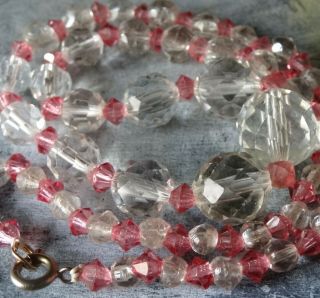 Vintage Art Deco Pink Clear Glass Bead Necklace 17 " Long - Z107