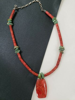 Vintage Native American Sterling Silver Green Turquoise Red Coral Necklace 17 " L