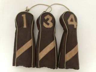 Vintage Set Of 3 Faux Leather Golf Club Cover Retro Brown 1 3 4