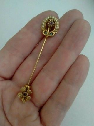 Vintage Victorian Style Faux Pearl Amethyst Turquoise Horseshoe Flower Lapel Pin
