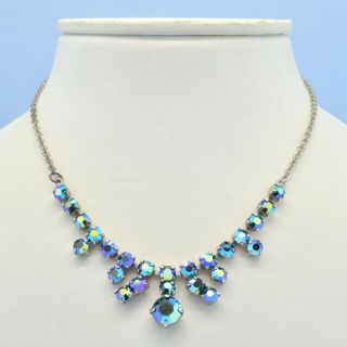 Vintage Necklace 1950s Peacock Blue Aurora Borealis Crystal Silvertone Jewellery
