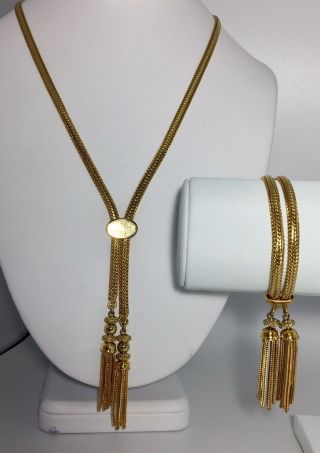 Vintage Signed Monet Gold Tone Slider Tassel Lariat Necklace And Bracelet Set