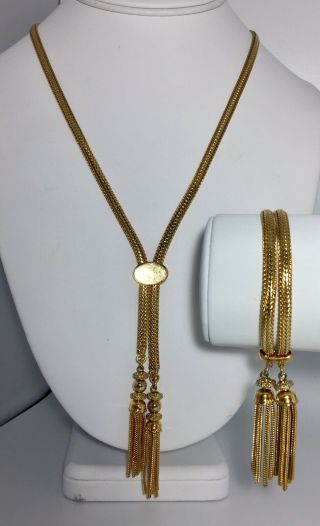 Vintage Signed Monet Gold Tone Slider Tassel Lariat Necklace And Bracelet Set 2