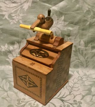 Vintage Wooden Marquetry Cigarette Dispenser Mechanical Spring Loaded With Bell.
