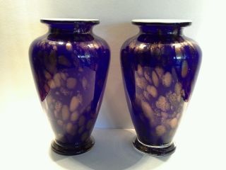 2 Large Vintage Blue With Gold Lava Style Art Glass Vases With White Casing