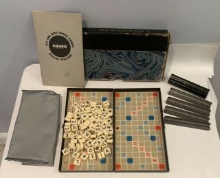 Vintage 1957 Travel Scrabble Game Complete Metal Box Tiles Paperwork