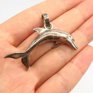 925 Sterling Silver Vintage Mexico Friendly Dolphin Design Large Pendant