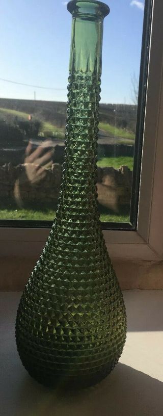 Olive Green Diamond Cut Vintage Mcm Italian Empoli Genie Bottle Decanter Glass