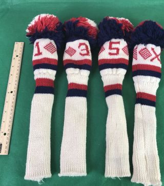 Vintage Mad Hatters Sun Valley,  Knit Golf Club Covers,  Pom Poms,  Red White Blue