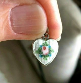 Vintage Sterling Puffy Heart Charm White Enamel Pink Rose Guilloche Hand Painted