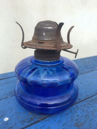 Vintage Blue Pressed Glass Oil Lamp Base