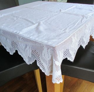 Vintage Large Cotton Table Cloth With Wide Crochet Lace Edge 72 " X 76 "