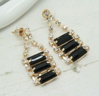Vintage Art Deco Style Black Baguette Rhinestone Crystal Drop Earrings Jewellery