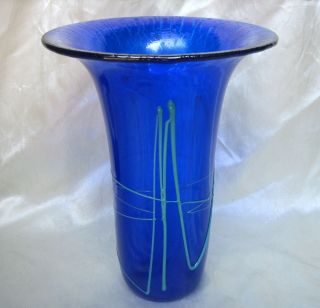 Vtg Roger Roland Correi Blue Aurene Iridescent Art Glass Vase W Applied Designs