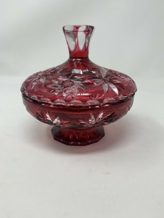 Vintage Heavy Cut Crystal Footed Candy Dish With Lid Cranberry