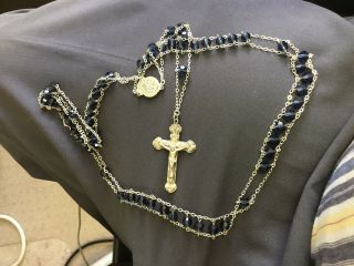 Vintage Deluxe Sterling Silver And Blue Glass Rosary Beads