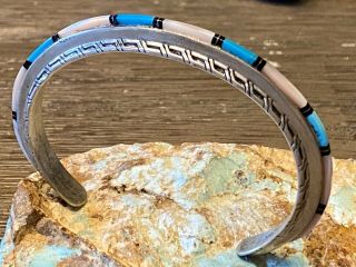 Vintage Navajo Signed Sterling & Multi - Gem Raised Inlay Cuff Bracelet