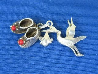 Vintage 925 Sterling Silver Charm Stork Bird With Baby & Shoes