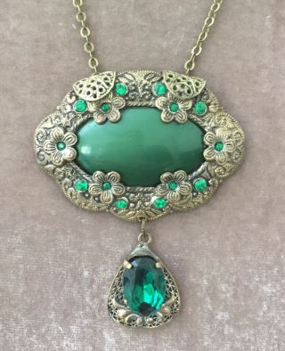 Vintage Jewellery Art Deco Czech Large Filigree,  Glass & Crystal Pendant Necklace