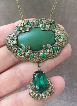 Vintage Jewellery Art Deco Czech Large Filigree,  Glass & Crystal Pendant Necklace 2
