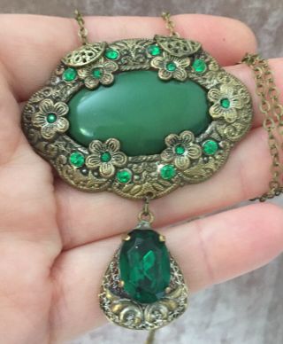 Vintage Jewellery Art Deco Czech Large Filigree,  Glass & Crystal Pendant Necklace 3