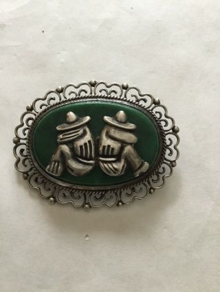 Vintage Mexican Sterling Silver Green Onyx Pin Siesta Signed Je