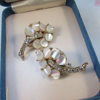 Vintage 1950s - 60s Mother Of Pearl & Rhinestone Leaf Design Lapel Pins Brooches