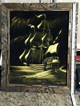 Vintage Velvet Painting Of Sailing Ship Hand Painted Colors Wood Frame