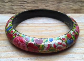 Pretty Floral Vintage Bangle/lacquered Wood/hand Painted/retro/80 