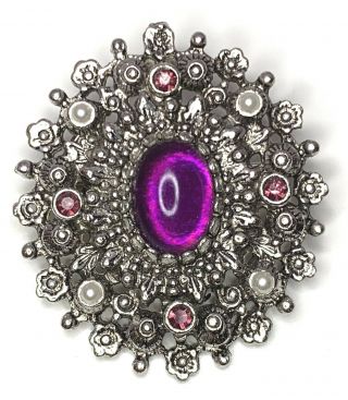 Vtg Sarah Coventry Signed Silvertone Brooch Pin Purple Glass Crystal Rhinestone