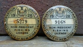 Two Vintage 1928 State Of York Non - Resident Fishing License Pinback Buttons