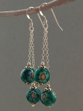 Vintage Venetian Green Millefiori Glass Beads 14ct Rolled Gold Earrings