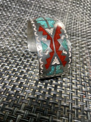 Vintage Native American Navajo Cuff Bracelet Turquoise & Coral Chip Inlay Signed
