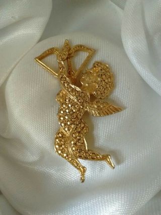 Vintage Textured Gold Tone Winged Cupid Bow & Arrow God Of Love Brooch Pin 4.  5cm
