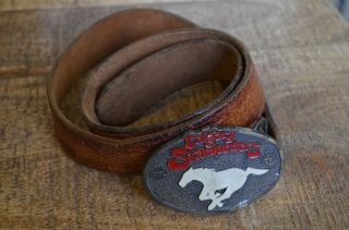 Vintage Calgary Stampeders Cfl Football Belt Buckle On Tooled Leather Belt