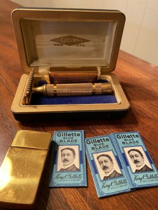Vintage Gold Gillette Safety Razor In Case With Blades And 2 Gold Razor Boxes