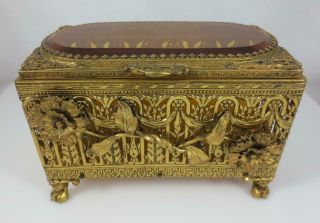 Vintage Gold Ormolu Jewelry Box With Applied Flowers,  Amber Beveled Glass Lid