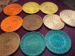 (9) Vintage Retro Colored Wicker Rattan Bamboo Paper Plate Holders
