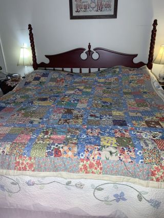 Vintage Feedsack Cotton Patchwork Hand Stitched Quilt 87” By 78”