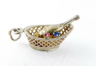 Vintage Silver Charm Pendant Fob Champagne Wine Bottle In Pierced Gem Set Basket