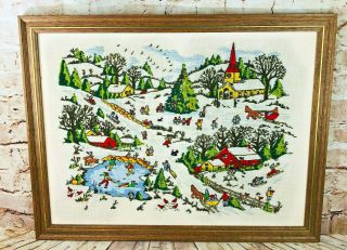 Vintage Framed Crewel Christmas Scene Handmade Art 26.  5 X 20.  5 Embroidered