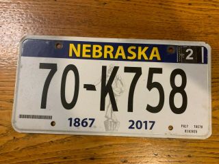 Jan 2017 Nebraska 150 Years Anniversary License Plate 70 K758