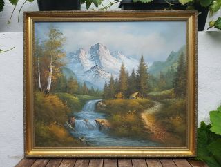 Old Vintage Gilt Frame Impressionist Mountain Landscape Oil Painting - Signed
