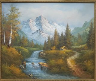 Old Vintage Gilt Frame Impressionist Mountain Landscape Oil Painting - Signed 2