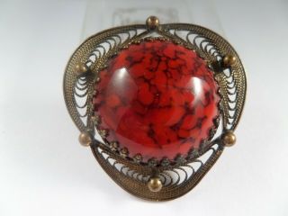 Vintage,  Red And Black Mottled Art Glass And Filigree Czech Brooch - 20 
