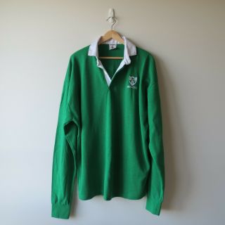 Rugby Jersey - Vintage Ireland Long Sleeve Green Acrylic Knit Polo - Made In Eec