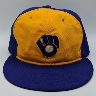 Vtg Annco Milwaukee Brewers Mlb Logo Patch Hat Snapback Trucker Cap Blue Yellow